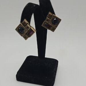 Patricia Locke Gold and Black Square Clip On Earrings